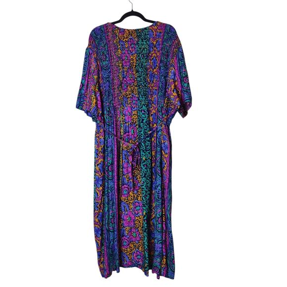 Vtg 90s More Jazz Colorful Abstract Artsy Smocked Tie Back Kaftan Midi Dress 3X - Picture 2 of 8